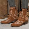 Fashion Vintage Embroidery Pattern Boots Women 2025 Square Heel Pointed Toe Ankle Boots Woman Comfortable Faux Suede Booties Mujer