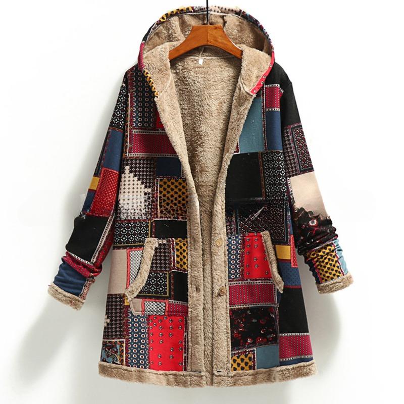 Ladies Commuter Coat Cotton Double-sided Loose Top Winter Warm Fashion Ethnic Style Printed Hooded Coat