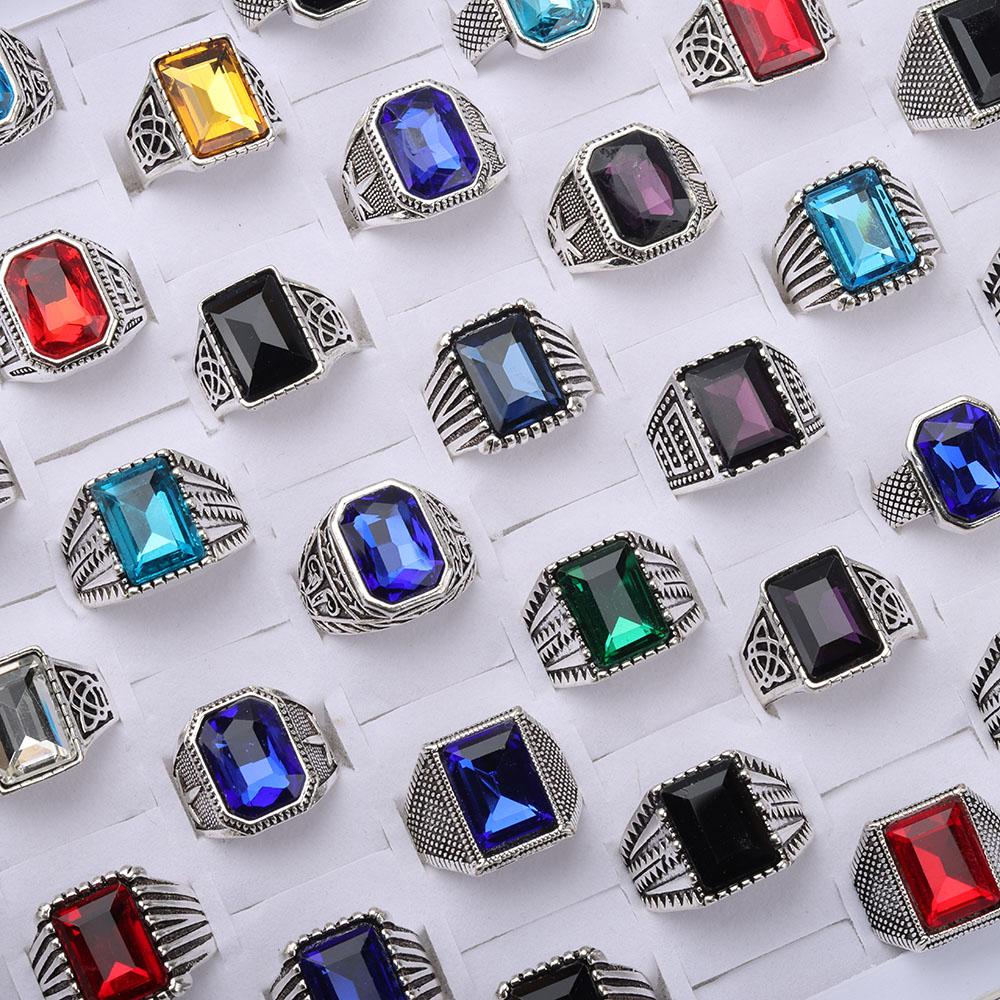 20 Pieces/lot Vintage Glass Rings For Women Men Mix Style Square Geometry Jewelry Party Gifts Wholesale