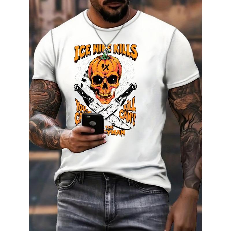 European sizes Men's Graphic T-Shirt - Crossed Knives Print with Gothic Lettering, Metalcore Rock Music Fan Apparel, Soft Breathable Crew Neck Tee