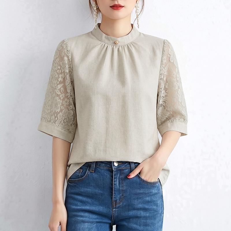 ZANZEA Women Casual Stand Collar Lace Splice Half Sleeve Blouse M хаки