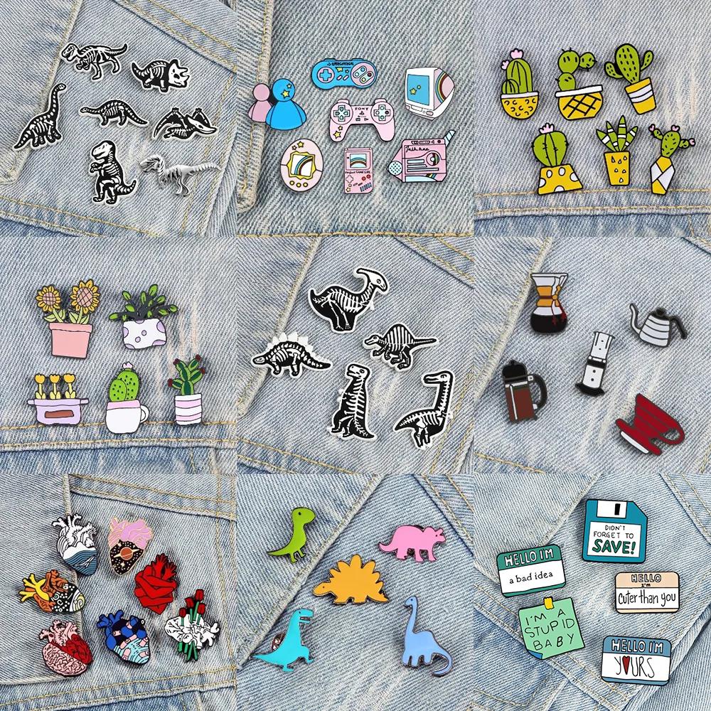 5-7PCS Cartoon Brooch Set Heart Dinosaur Skull Skeleton Potted Cactus Enamel Pins Animal Plant Cup Lapel Badge Jewelry Wholesale