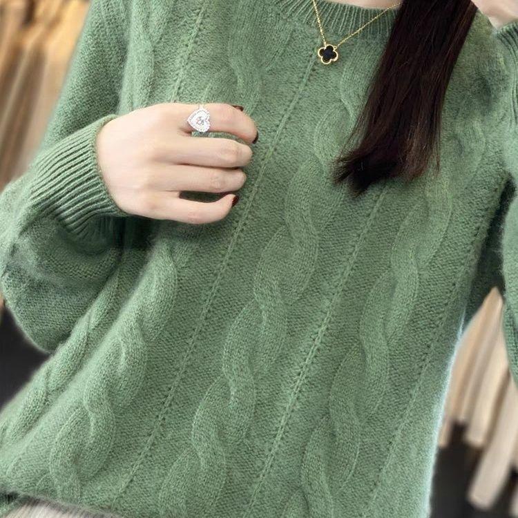 

Женский вязаный свитер с круглым вырезом, осень-зима 2025, новый свободный утолщенный корейский вариант, короткие топы 3XL зелёный