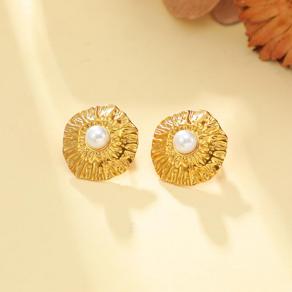 Polished Stainless Steel Pearl Stud Earrings for Women - Irregular Geometric Flower Design