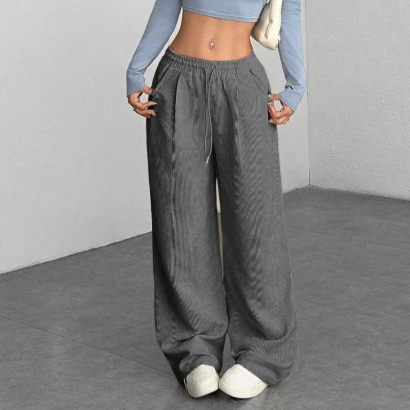 Casual Wide-Leg Corduroy Pants with Elastic Waistband and Pockets Autumn and winter Loose Drawstring Pocket Casual Versatile Women's Pants