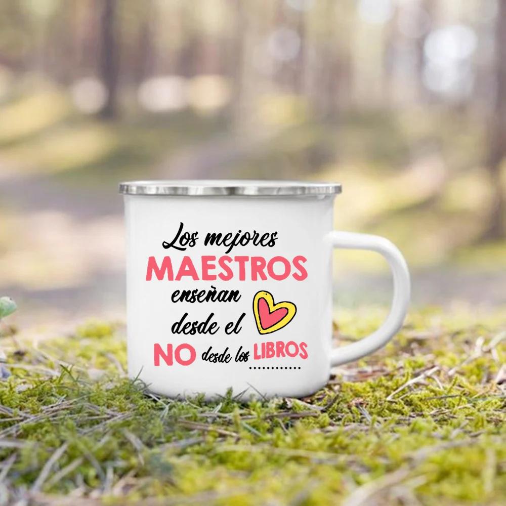 Spanische Print Tasse Kaffee Tee Tassen Getränke Wasserbecher Lehrerleben Emaille Tassen Schule Zuhause Griff Trinkgeschirr Beste Geschenke für Lehrer
