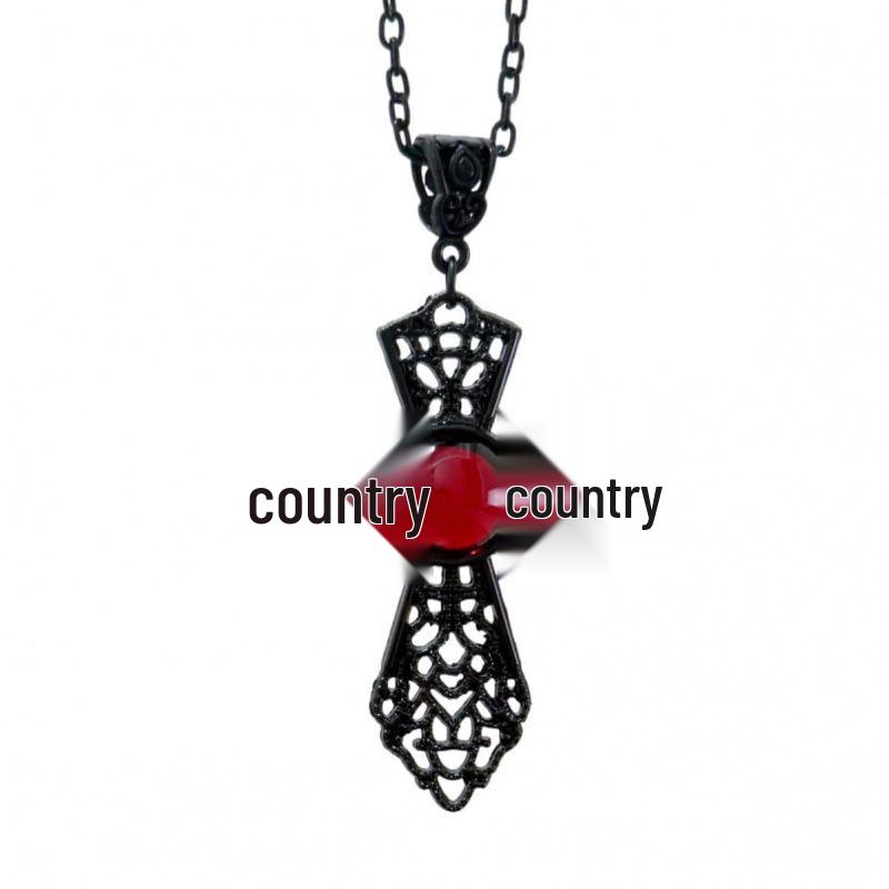 Jun'an Gothic Black Cross Pendant Necklace with Red Gem
