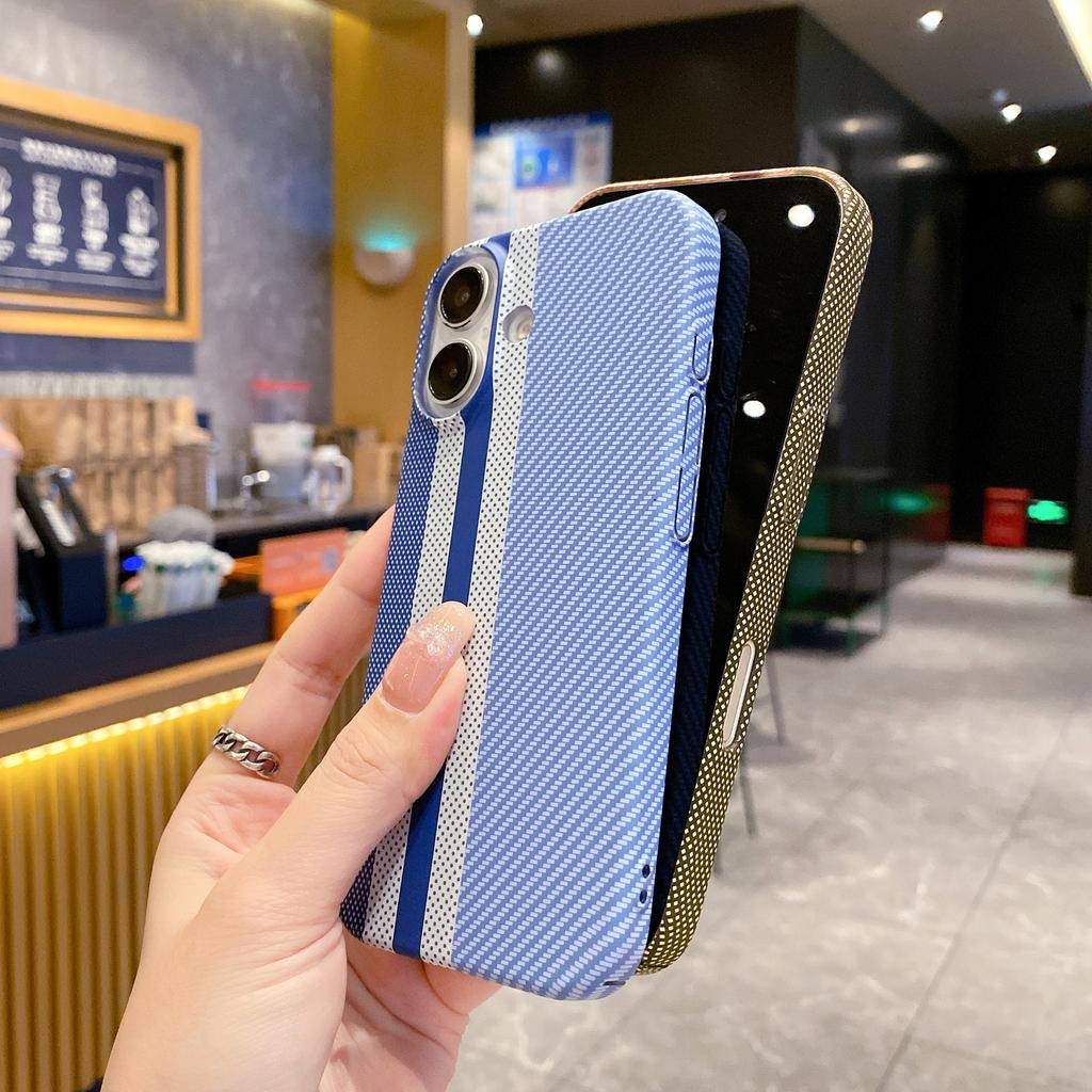 Carbon Fiber Kevlar Pattern PC Case For iPhone 17 Air 16 15 14 Plus 13 12 11 Pro Max Shockproof Splice Retro Lines Cover