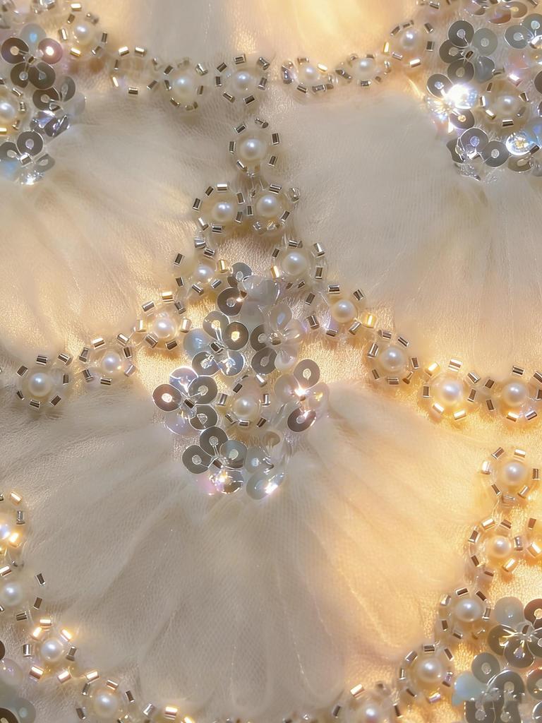 Elegant Handmade Pearl Tassel Top - Apricot Long Sleeve Party Wear