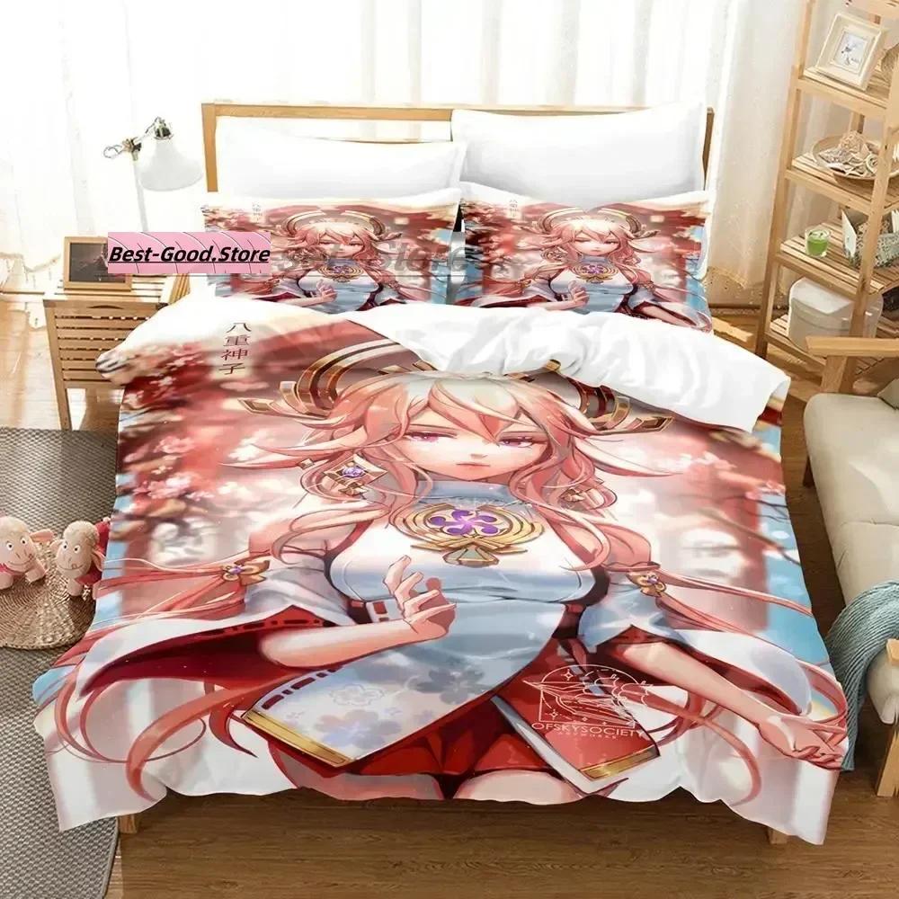 Set lenjerie de pat Genshin Impact Yae Miko Single Twin Full Queen King Size Set de pat Aldult Copil Dormitor Seturi husă pilotă Imprimare 3D Joc