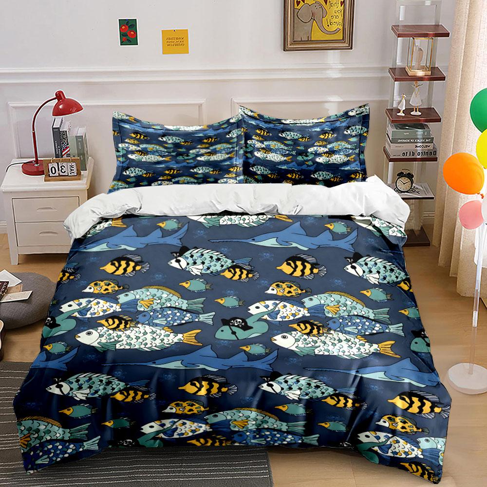 Cartoon Pirate Fish Pattern Bedding Duvet Cover Set (1*Duvet Cover 2*Pillowcases, without duvet insert)