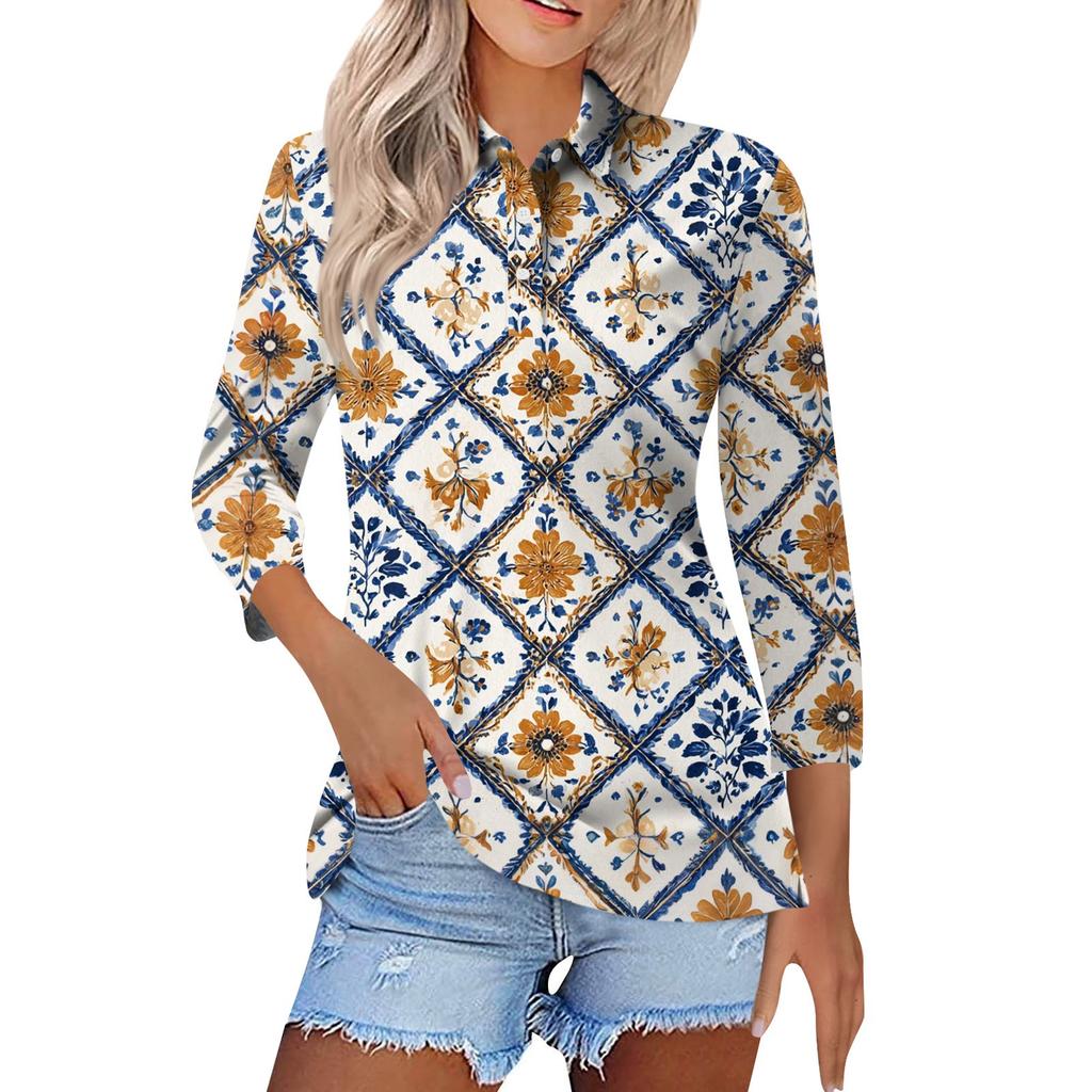 Women's Fashion Casual Lapel Short 3/4 Sleeve Print Shirt Women's Button Up Tops
