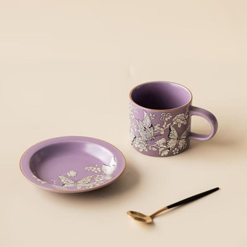 

Purple You Silver Butterfly Love Flower Afternoon Tea Coffee Cup Plate Home Office Personal Water Cup Mug Tea Cup 200ml