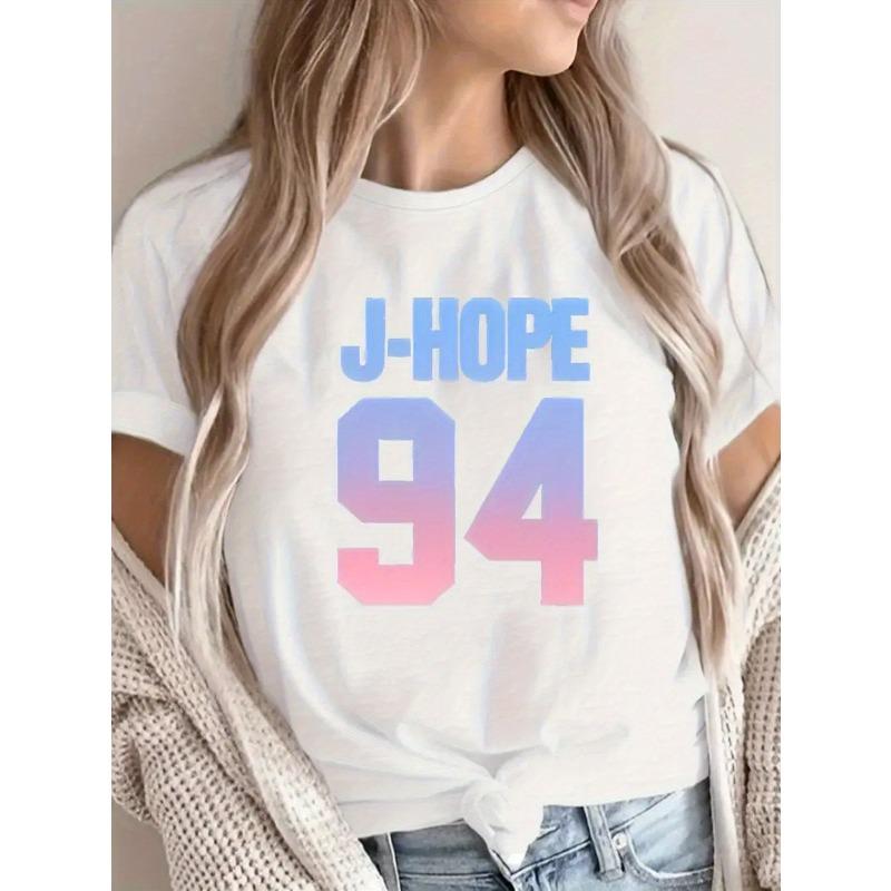 

Европейский размер J-Hope 94 Женская летняя футболка с принтом, Футболка с круглым вырезом и короткими рукавами, Универсальная, Высококачественная, Повседневная, Размер S S белый