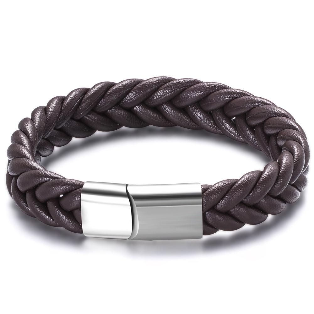 Men s Titanium Steel  Handwoven Leather Bracelet with Engravable Stainless Steel Pendant