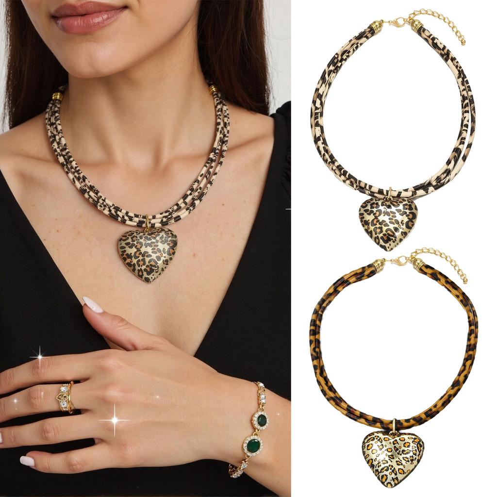 Trendy Double Layer Heart Pendant Necklace with Adjustable Leopard Print Cord Vintage Style Neckchain Jewelry for Women