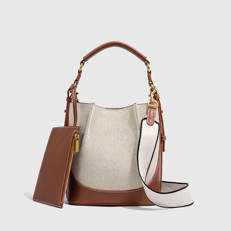 Z Cross-border Women's Bag 2025 New Style Large-capacity Wide Shoulder Strap Single-shoulder Portable Brown Beaded Cross-body Bucket