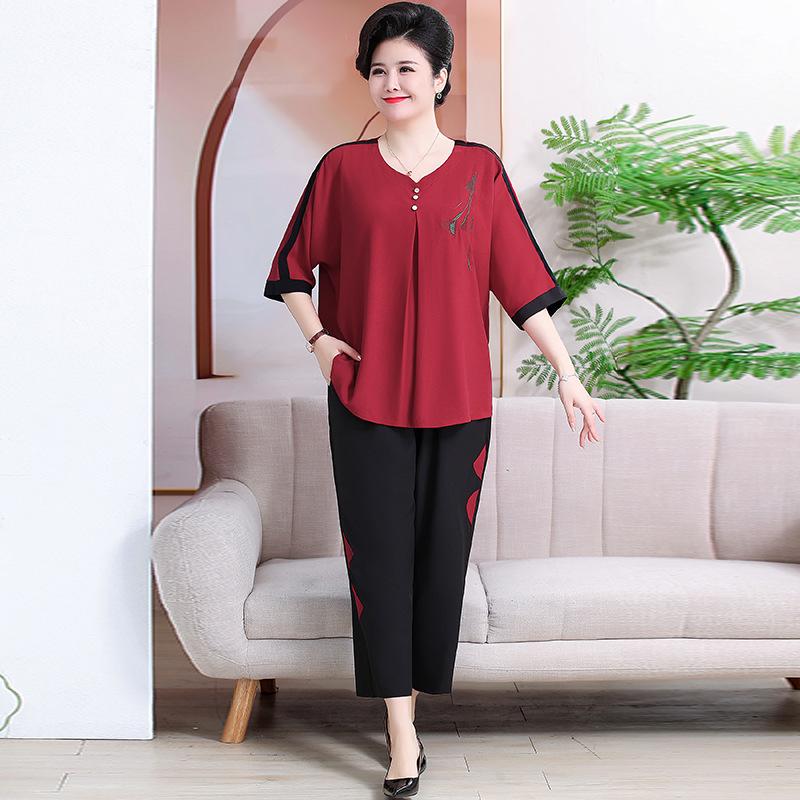 

Ретро Лоскутный Хлопково-Льняной Костюм-Двойка: Большой размер, Летний, Свободный крой, Стройнящий, Комплект с коротким рукавом для женщин среднего возраста. 7XL (208-230 lbs) красный