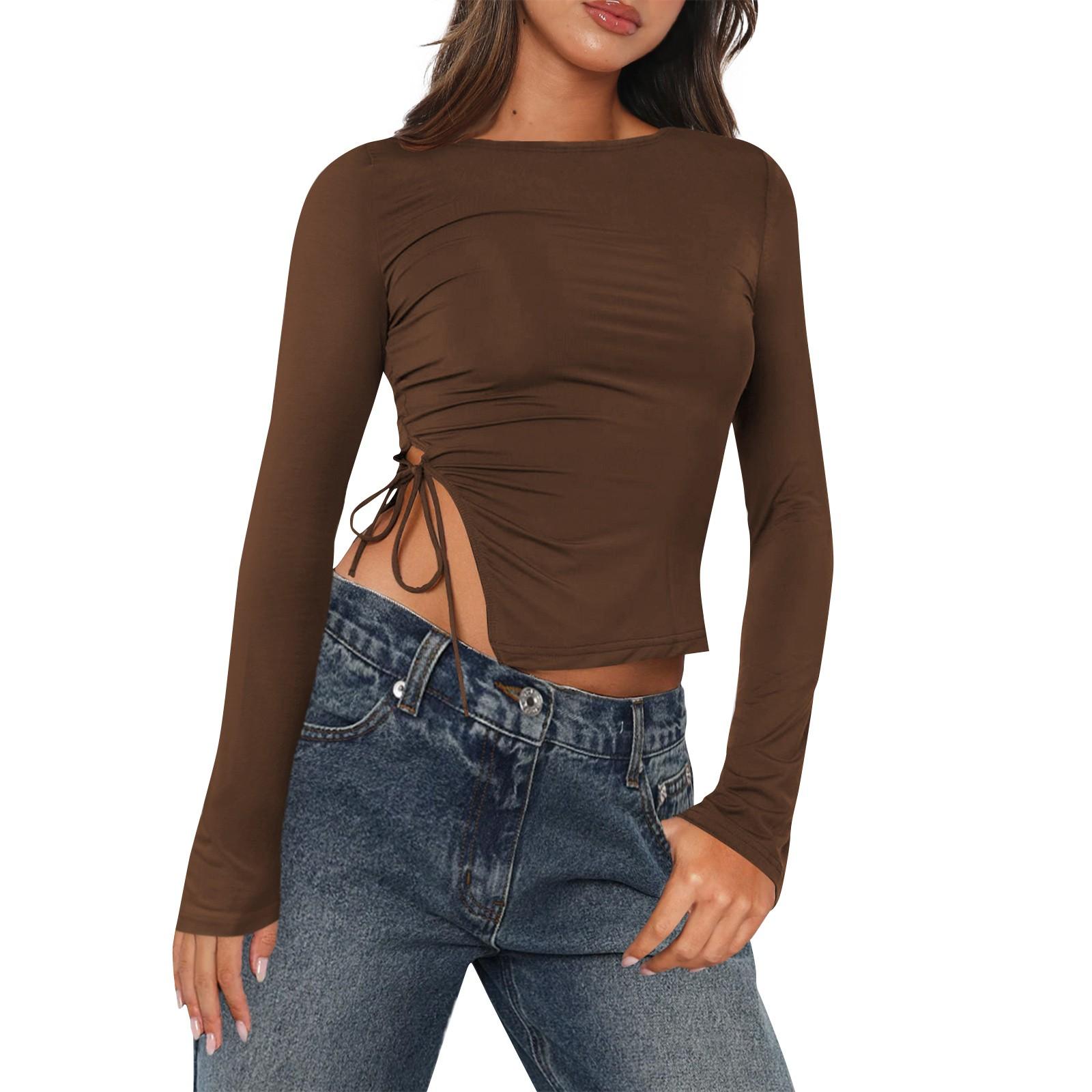 

Женские рубашки с длинным рукавом, вырезом-лодочкой, на выход, облегающие повседневные укороченные топы, модная осенняя одежда, пуловер S кофейный