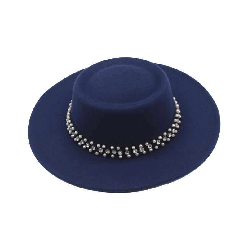 European and American New Autumn and Winter Wool Woolen Big-brimmed Jazz Hat Female Concave Top Black Top Hat Pearl Rhinestone Felt Hat