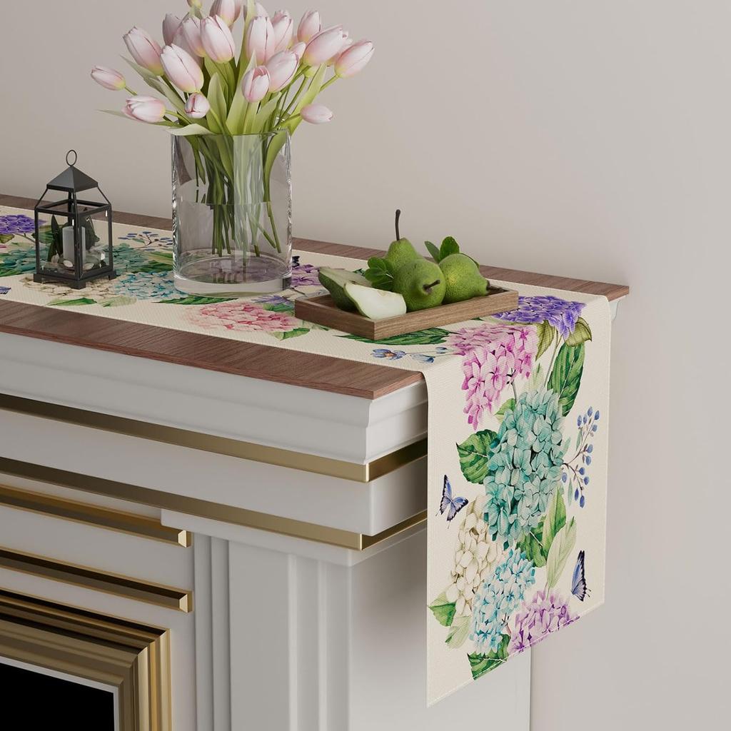 Watercolor Hydrangea Flowers Butterfly Spring Table Runner Wedding Decorations Summer Kitchen Dining Table Runners Party Decor