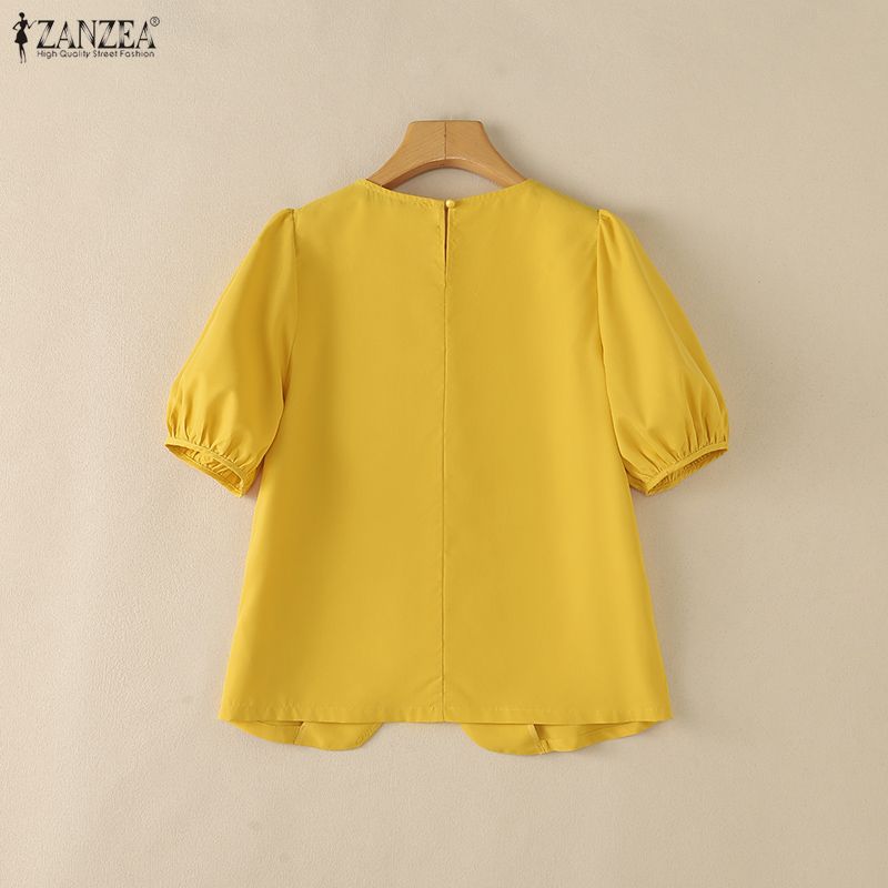 ZANZEA Women Casual Round Neck Puff Short Sleeve Blouse
