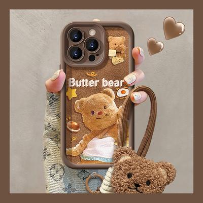 Cute Butter Bear Lanyard Suitable for Apple 13PRO Maillard Mobile Phone Case 14 Silicone Anti-fall 15 Lambskin X