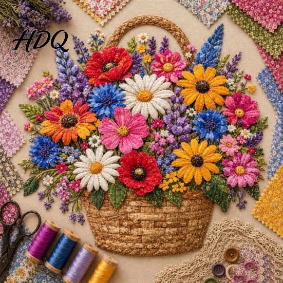 Actividades Manualidades de Tela DIY Cesta de Flores Patchwork Kit Flores en Capas Sala de Manualidades Decoración de Pared Proyecto de Costura Floral 3D para Adultos,