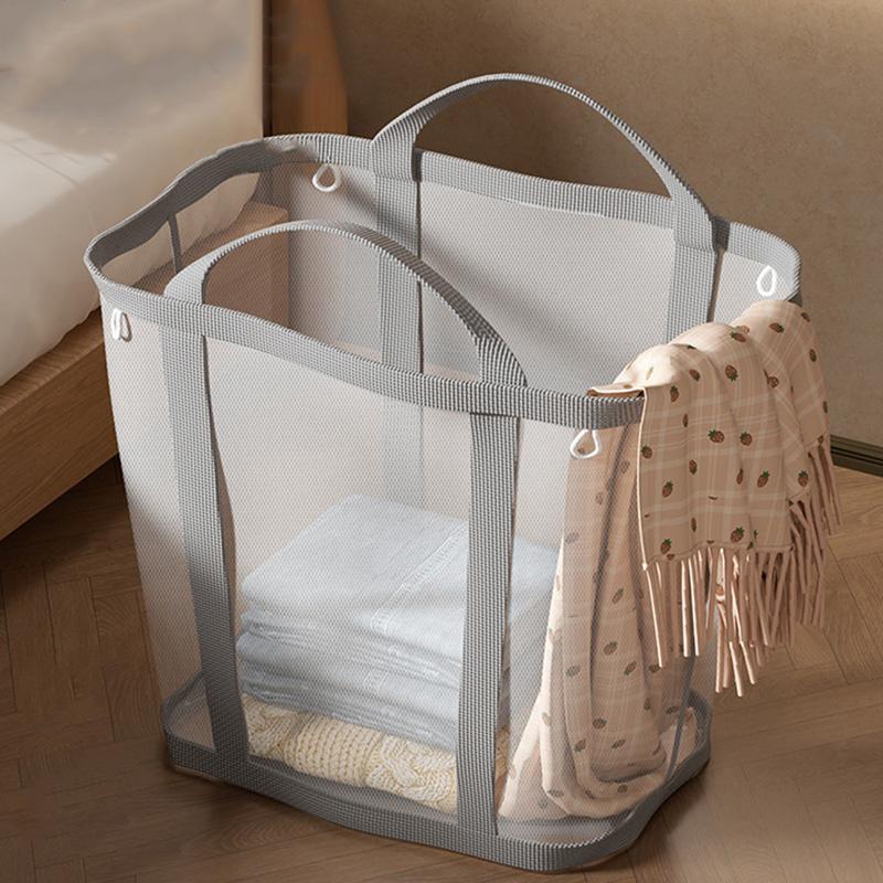 Nylon Mesh Laundry Basket with Handle Breathable Folding Portable Dirty Clothes Organizer Bags Large Capacity Toys Storage Bag