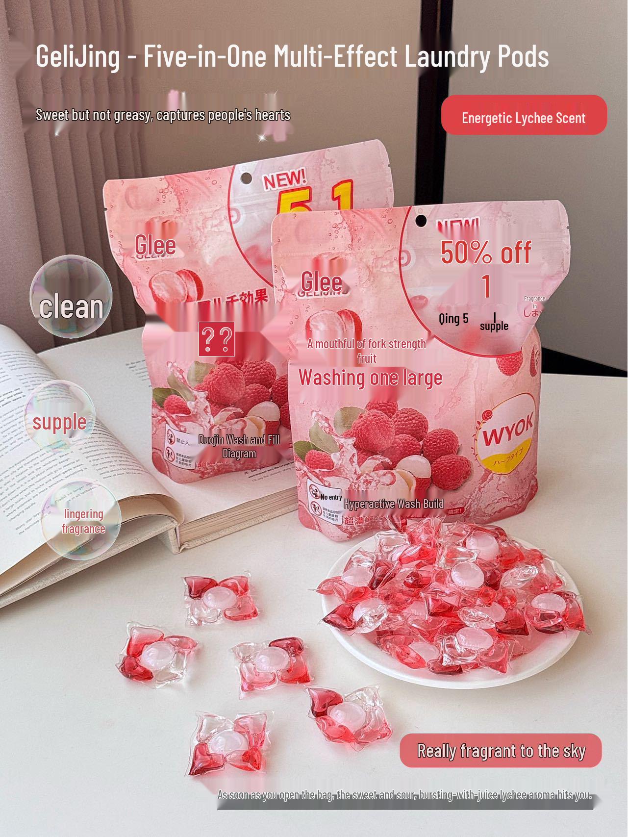 

Geli Jing Капсулы для стирки 5-в-1 с ароматом личи: Стойкие глубоко очищающие ультраконцентрированные шарики для стирки 40 Lychee Scent Laundry Pods/Bag