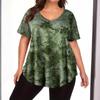 Women's Plus Size Summer Fashion V Tie Pocket Tie Dye Short Sleeved T Shirt