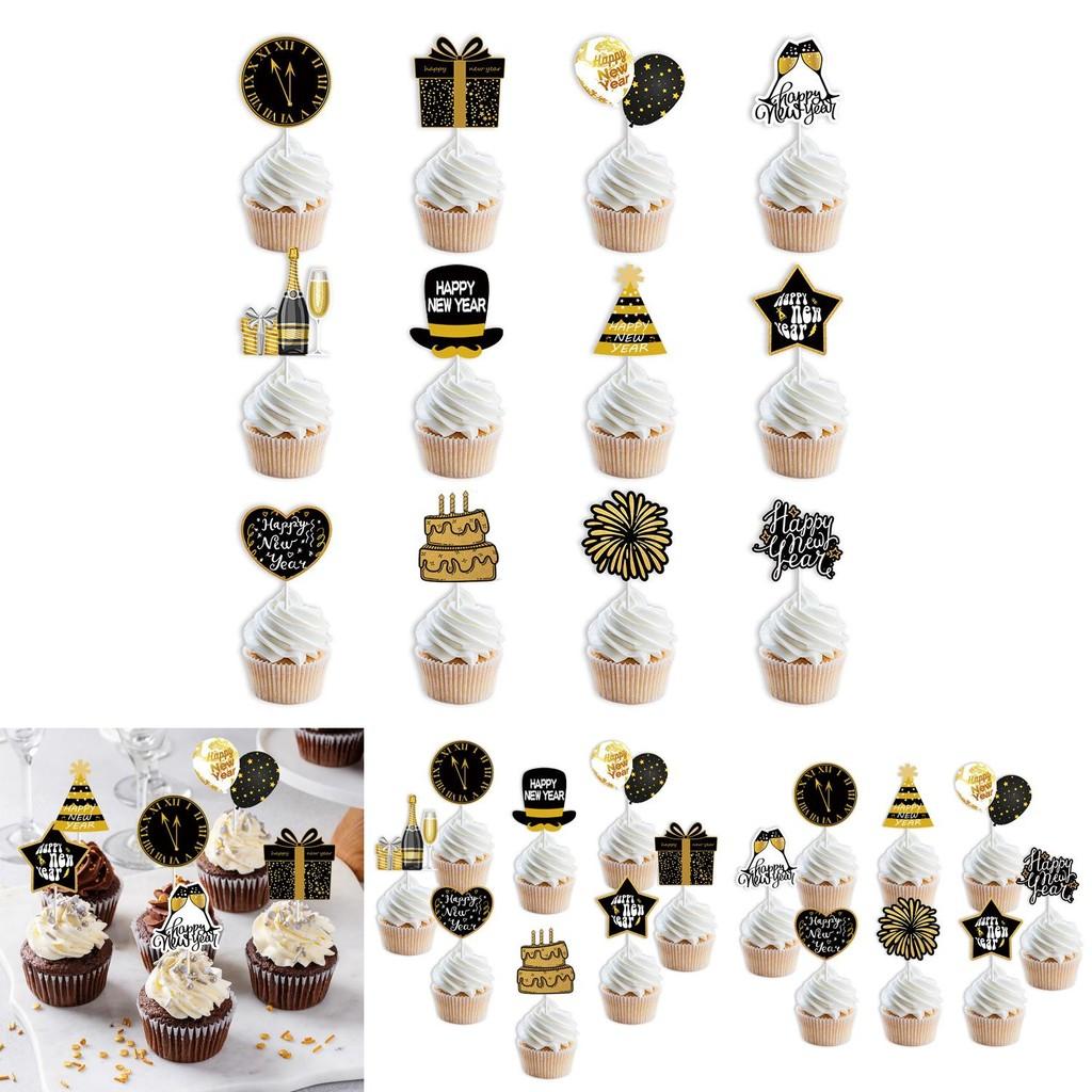 Gelukkig Nieuwjaar Taarttopper Met Cartoon Vlaggetjes Voor Feestdecoratie 12stuks Set