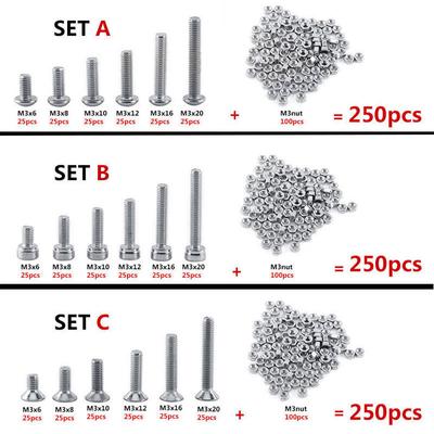 250 unidades M3(3mm) Os parafusos A2 de aço inoxidável com conjunto de sortimento de parafusos sextavados finos