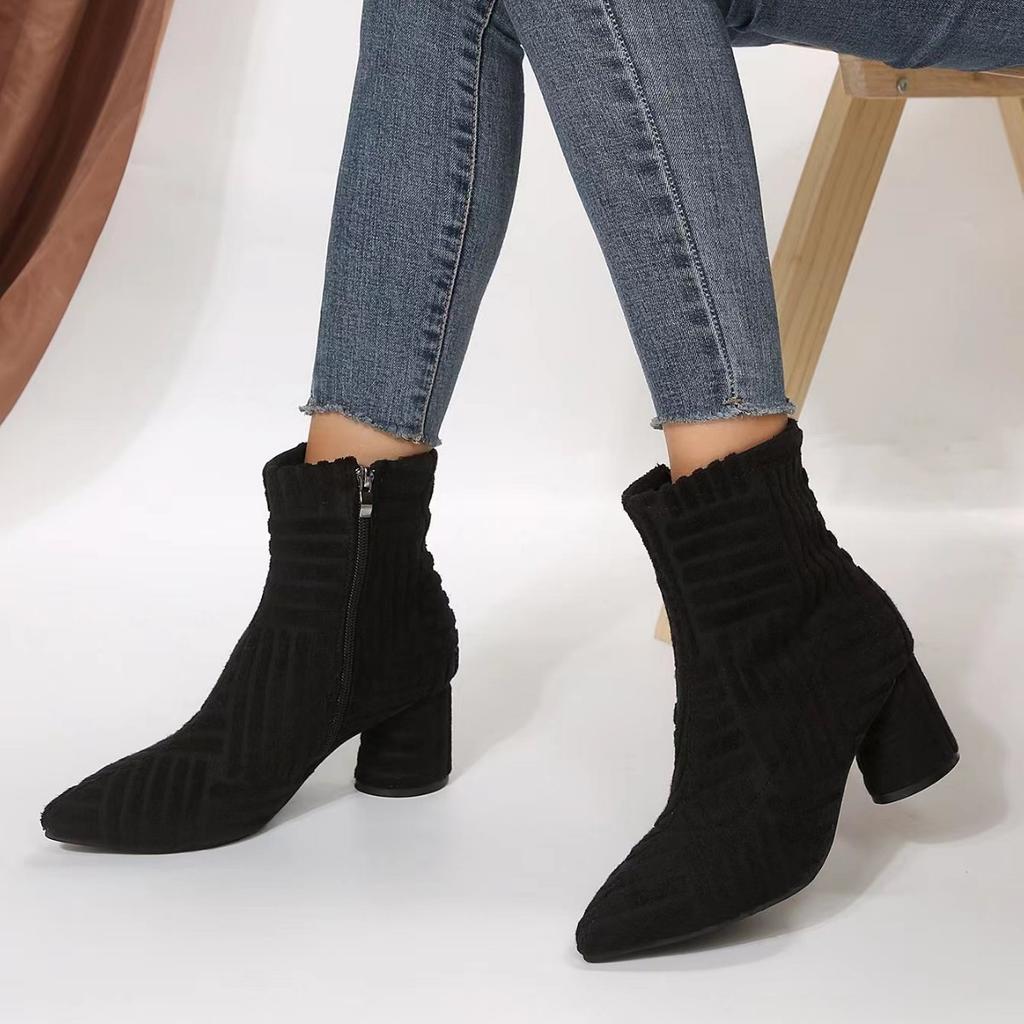 New women's pointed high-heeled short boots fashion suede thick-heeled short boots pointed thin British style towel boots