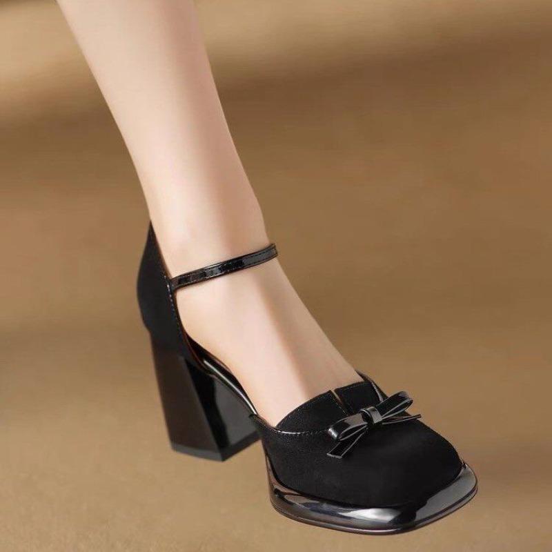 Fashion 2025 New Women's Mary Jane Sandals with Thick Heel and Bow Knot Design Summer Open Back Silver French Style Velvet Upper Shoes