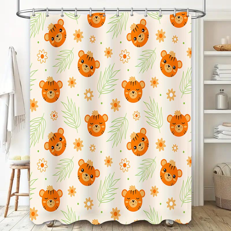Kids Bath Shower Curtain Orange Tiger Green Leaf Floral Design for Bathroom Decorations – Machine Washable Fabric Waterproof Sho