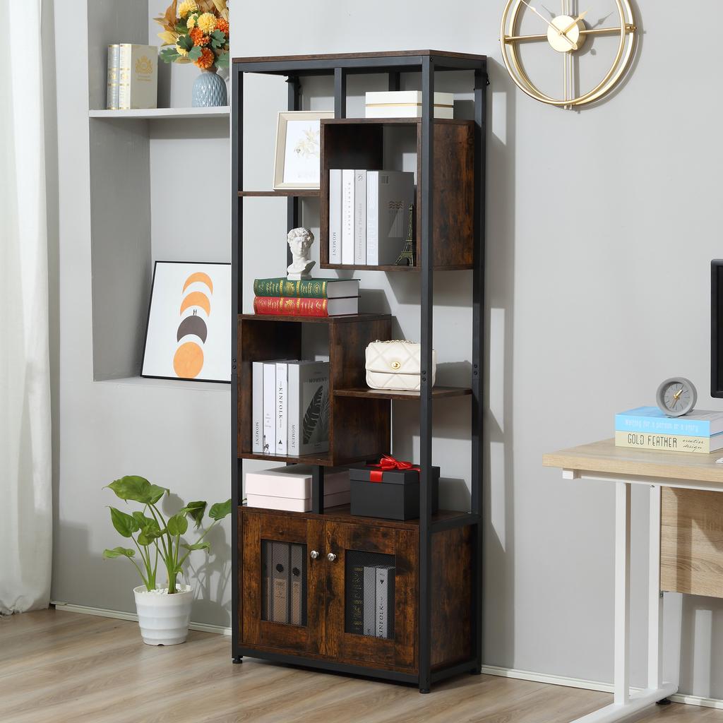 Bookcase Shelf Unit In Industrial Style with 2-Door Cabinet, Space-Saving 8-Shelf Unit for Home and Office, 70x30x180cm, Brown