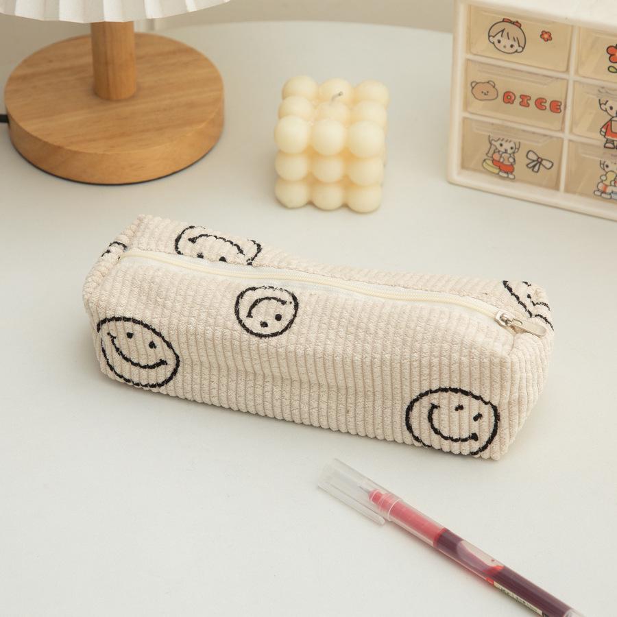 Smiley Face Corduroy Pencil Case: Durable, Dirt-Resistant, Large Capacity Storage for Students