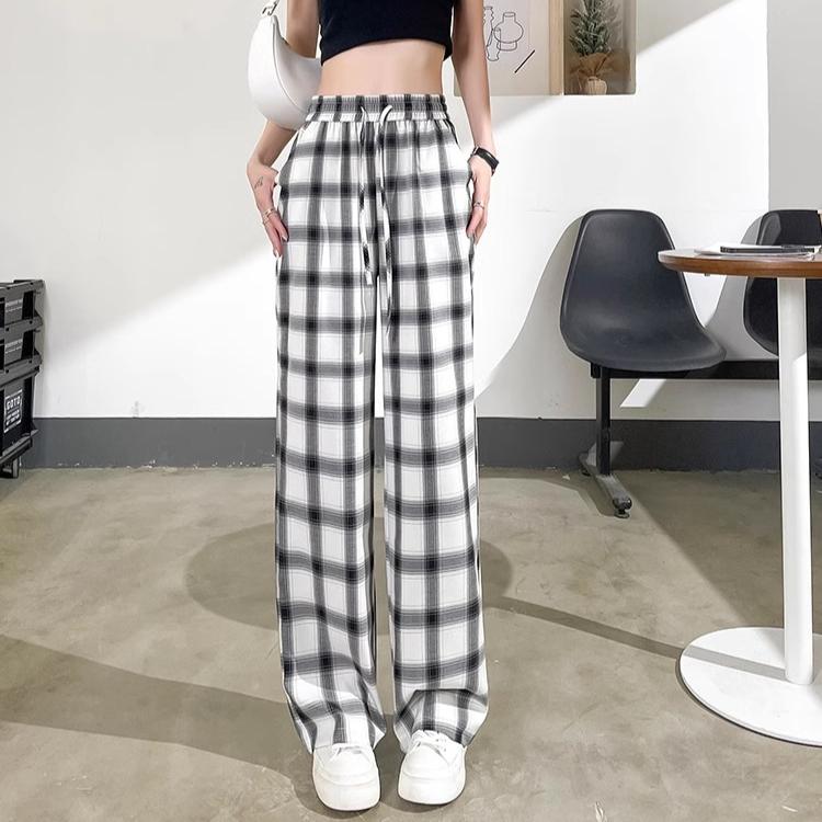 Plus Size 3XL 4XL Sweatpants Jogger Women Wide Leg Pants Retro High Waist Checkerboard Grid Elastic Woman Pant Black Loose Long Trouser