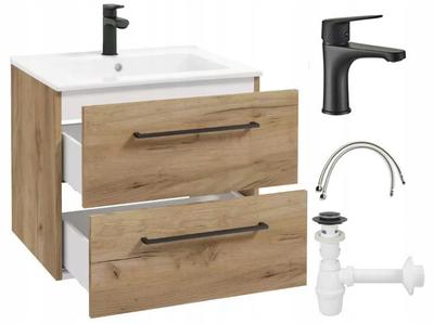 Mueble de baño con lavabo, suspendido, roble artesanal, 60 cm, con grifo y sifón Pinia