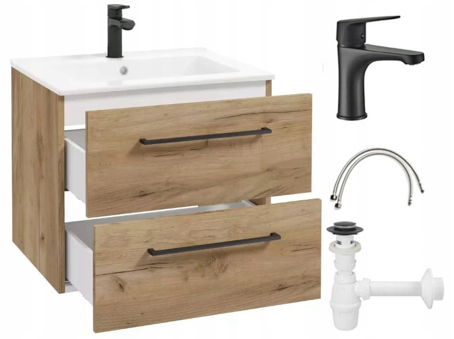 Hanging Bathroom Cabinet with Oak Washbasin with Faucet and Siphon Pinia