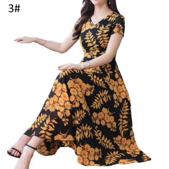 Lady Fashion Floral Print Tight Waist Large Swing V-Neck Short Sleeve Maxi Dress