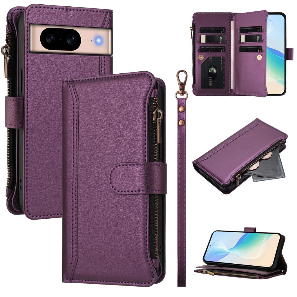 For Google Pixel 8a Leather Case 9 Card Slots Zipper Wallet Stand Phone Cover with Wrist Strap