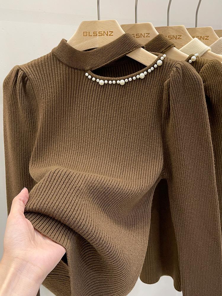 

Женская трикотажная базовая рубашка с длинным рукавом и полым полувысоким воротником, новинка осени и зимы, приталенный и тонкий дизайн, пуловер-топ One size