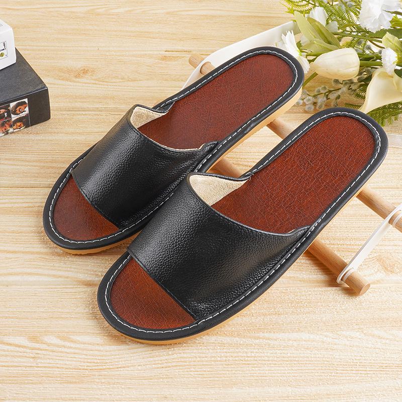 Sandales d'intérieur en cuir d'été: Pantoufles Antidérapantes, Semelle Souple, Couleur Unie pour Couples