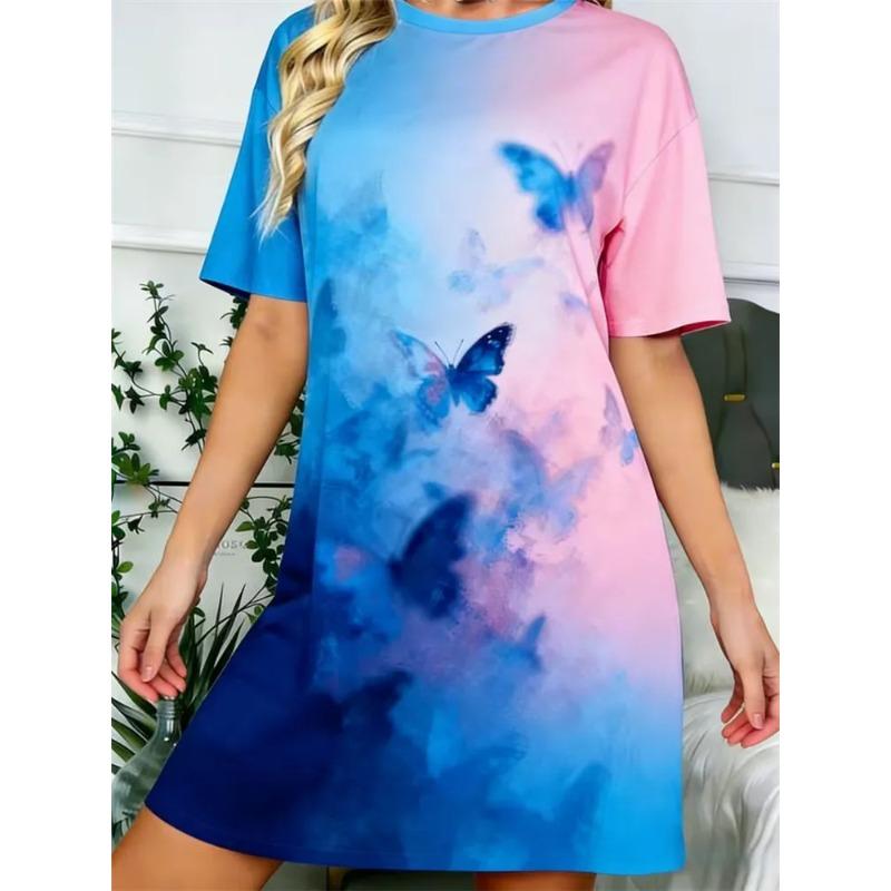 Women Abstract Geometric 3D Cartoon Print Dress O Neck Short Sleeve Loose Casual Mini Dress Summer Daily Outfit Dresses