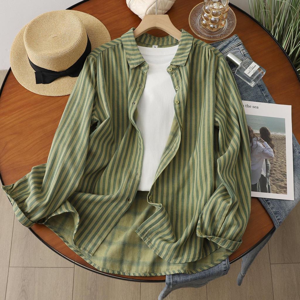 Women's Long Sleeve Double-layer Cotton Stripe Shirt - Soft, Skin-friendly, Breathable, High Quality Loose Fit