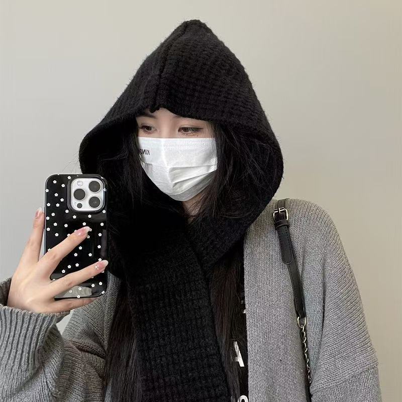 

Casual Winter Balaclavas Cap Warm Knitted Hooded Hat Thick Ski Neck Collar Scarf Cap Men Women Street Cold -proof Warm Hats чорний