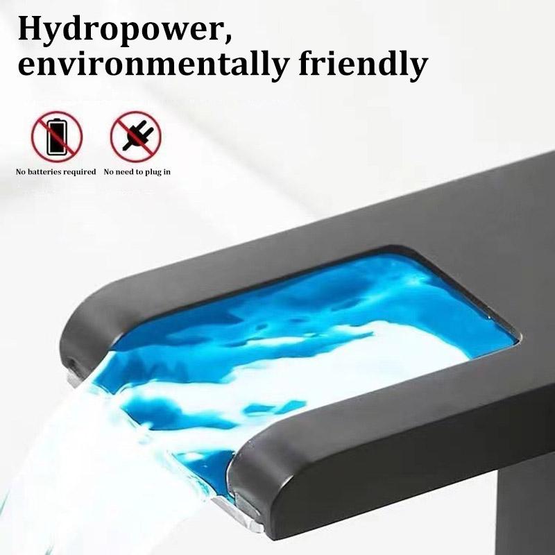 Bathroom 3-Color LED Waterfall Basin Faucet Sink Vanity Tap Household Hydro‑Power Temperature Color Changing Cold Hot Mixer Tap