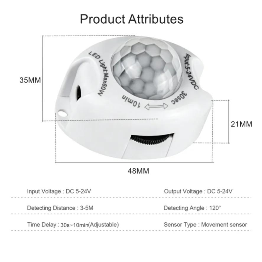 PIR Motion Sensor Switch 30s~10min Adjustable DC5~24V 3A Highly Sensitive Infrared IR Sensor Detector Time Delay for LED Strip